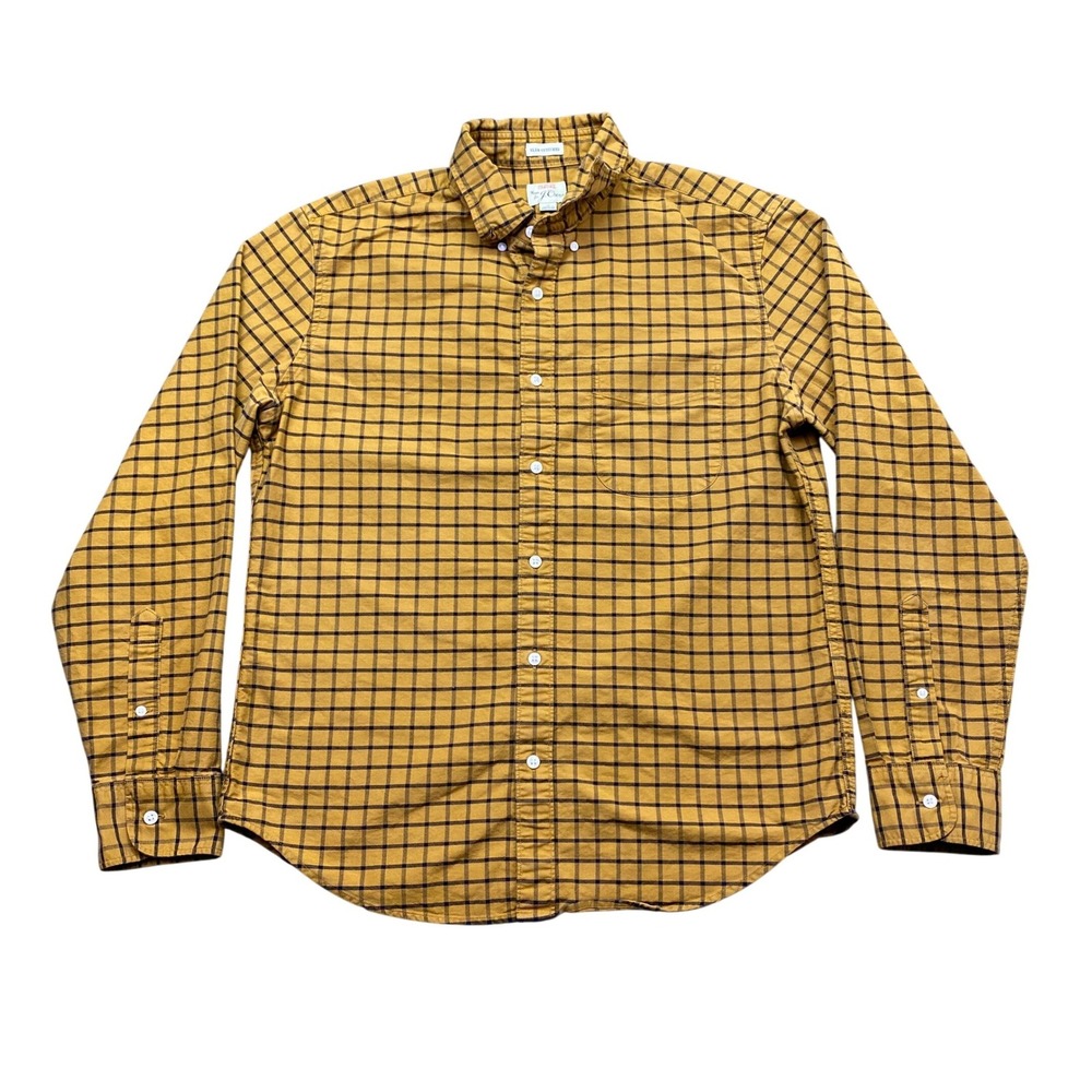 JCrew Mens Slim Untucked Oxford Shirt Mustard Yellow Plaid J8775 Size M